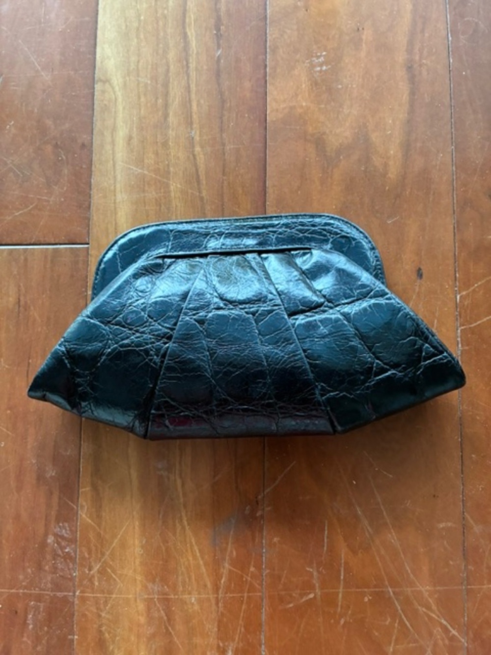 LAUREN MERKIN "LUCY" EMBOSSED BLACK LEATHER CLUTCH